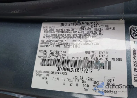 2012 Ford Fusion Hybrid z USA, uszkodzony, nr VIN 3FADP0L31CR179212